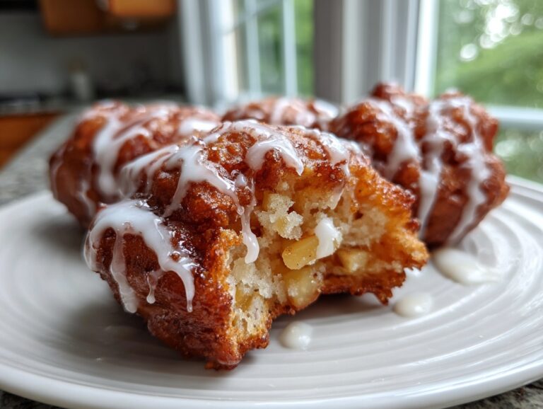 A close-up of a freshly fried apple fritter, drizzled with white glaze, with a bite revealing soft interior and apple chunks.
