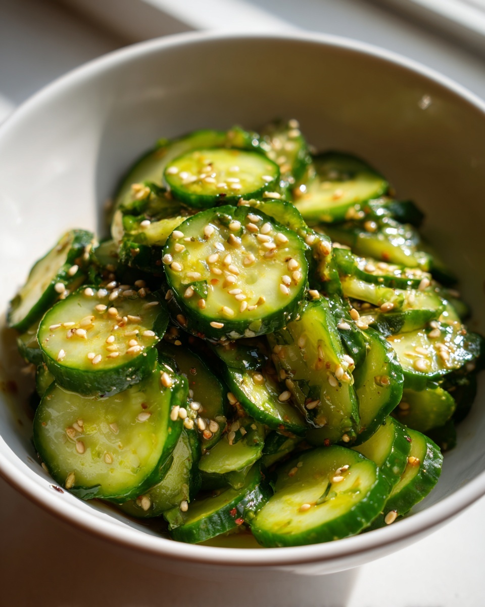 Close-up of sliced cucumbers marinated in a dressing and topped with toasted sesame seeds in an asian cucumber salad.