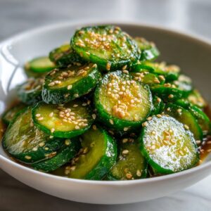 Close-up of bright green, marinated slices in an asian cucumber salad, topped generously with toasted sesame seeds.