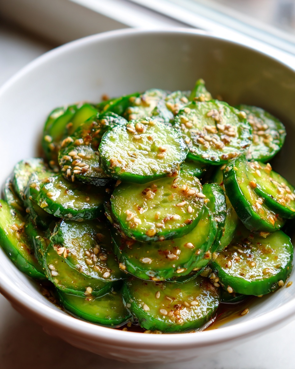 Close-up of vibrant green, thinly sliced cucumbers coated in a savory dressing and topped with toasted sesame seeds, featuring the asian cucumber salad.