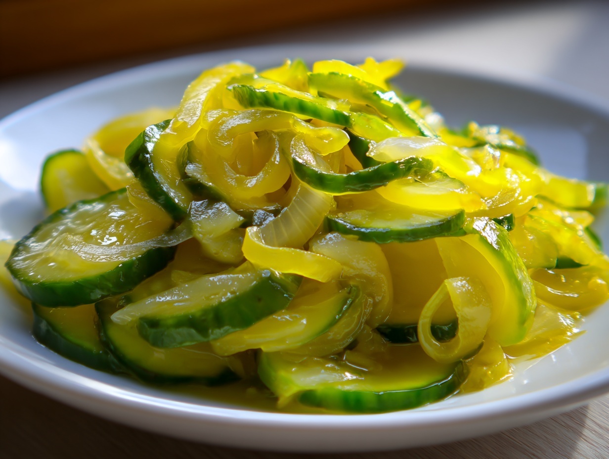 Close-up of bright yellow and green slices of bread and butter pickle mixed with onions on a white plate.