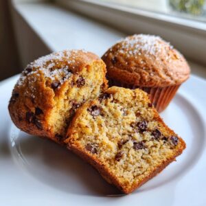 Close-up of a halved chocolate chip muffin showing the moist interior, next to two whole chocolate chip muffins topped with coarse sugar.