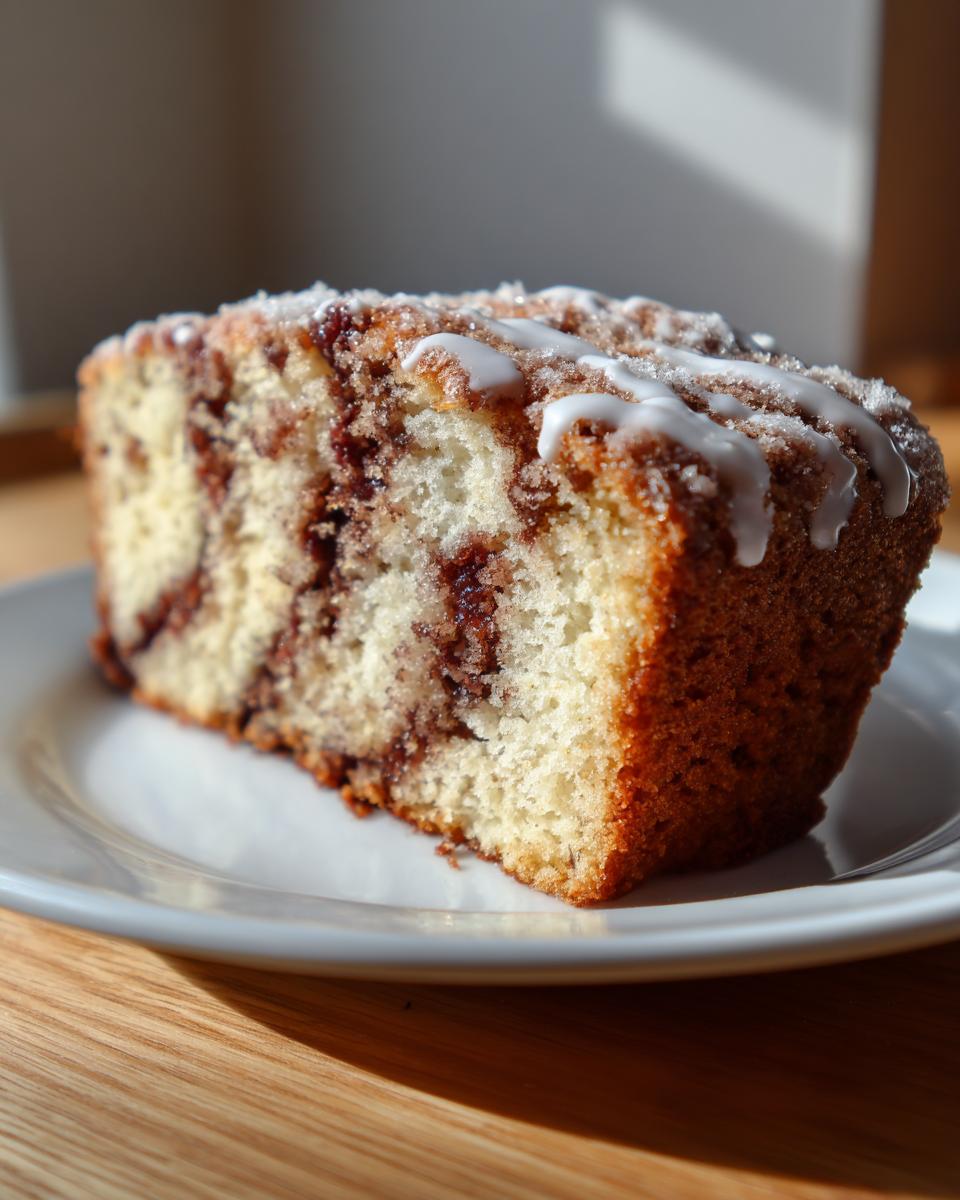 A close-up of a moist slice of cinnamon bread with a visible swirl of filling, topped with white glaze.