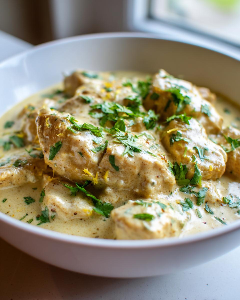 Close-up of tender pieces of coconut chicken coated in a rich, creamy sauce and garnished with fresh parsley.