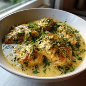 Four pieces of seared coconut chicken drenched in a creamy yellow sauce and topped with fresh chopped parsley.