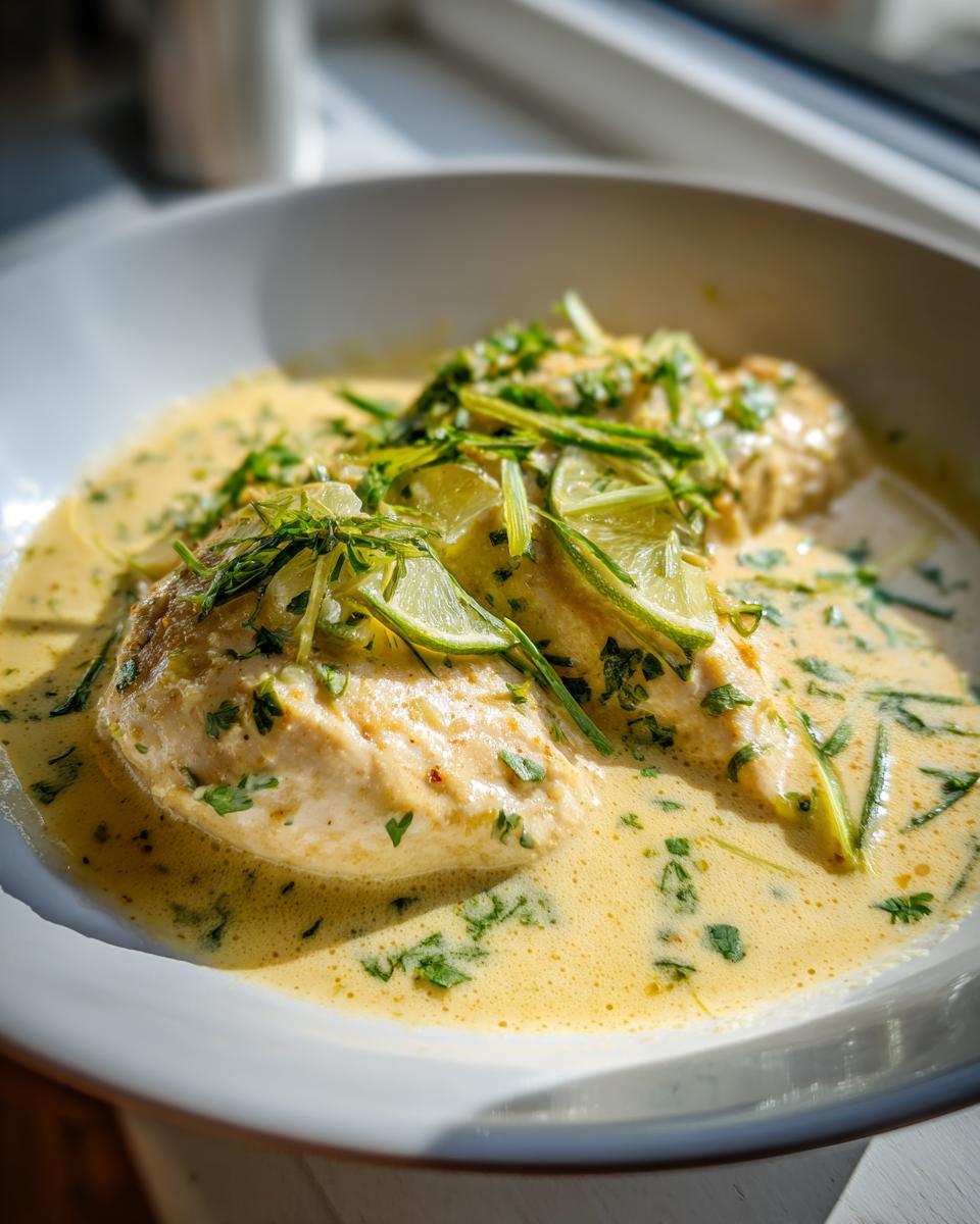 Two pieces of creamy coconut chicken served in a rich yellow sauce, topped with fresh lime slices and cilantro.