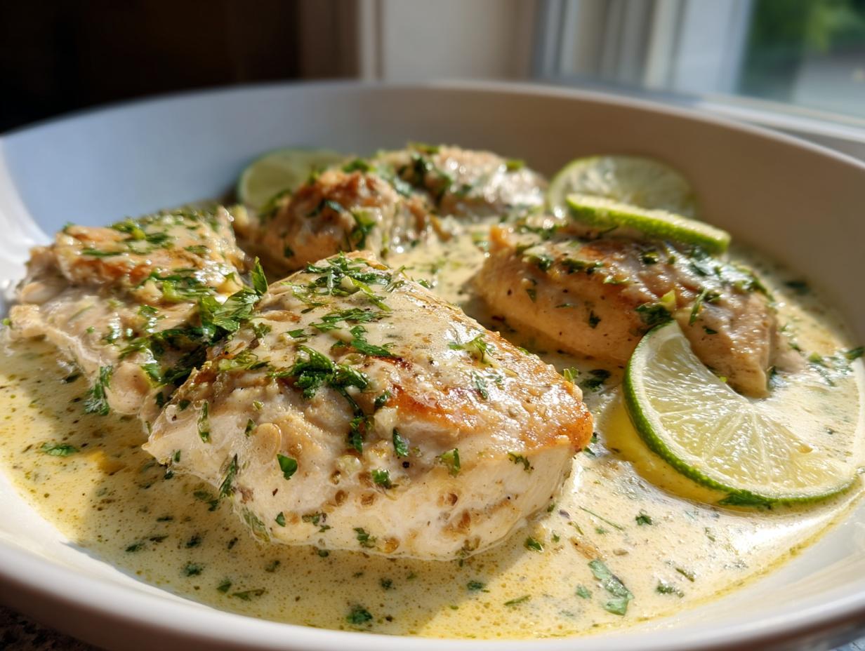 Four pieces of seared coconut chicken served in a creamy sauce and garnished with fresh lime slices.