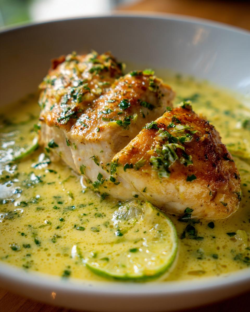 Close-up of seared coconut chicken breast served in a rich, yellow coconut sauce garnished with lime slices and fresh herbs.