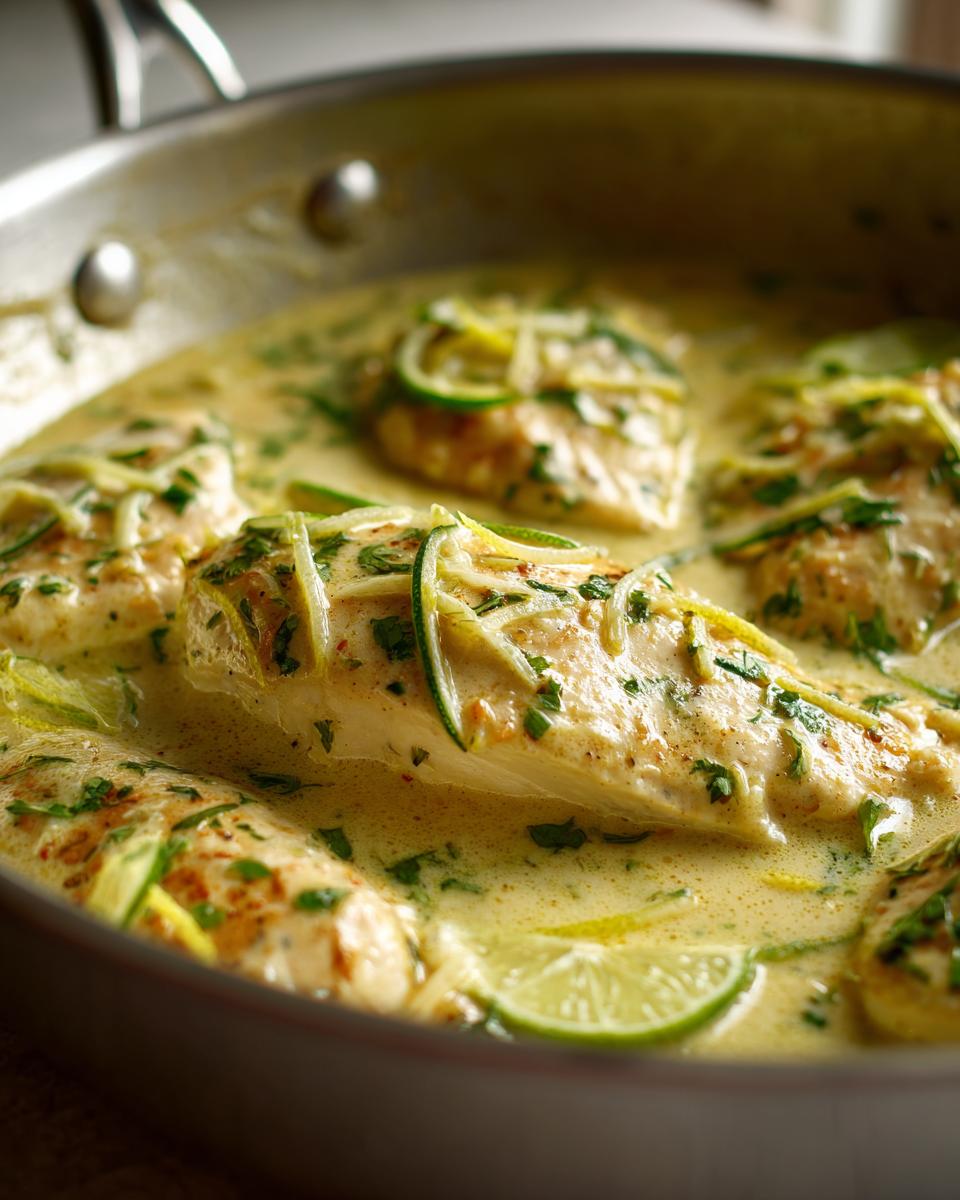 Close-up of juicy chicken breasts simmering in a creamy coconut sauce, garnished with zucchini ribbons and lime slices for amazing coconut chicken.