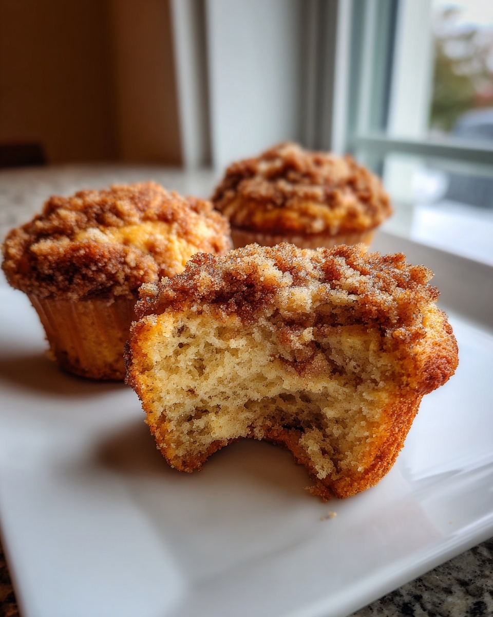 Close-up of amazing coffee cake muffins showing the crumb texture and cinnamon streusel topping, with one muffin having a bite taken out.