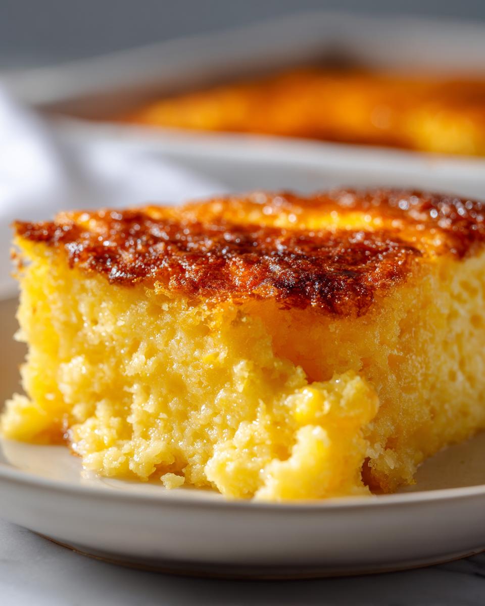 Close-up of a rich, yellow slice of corn pudding with a deeply caramelized, browned top crust.