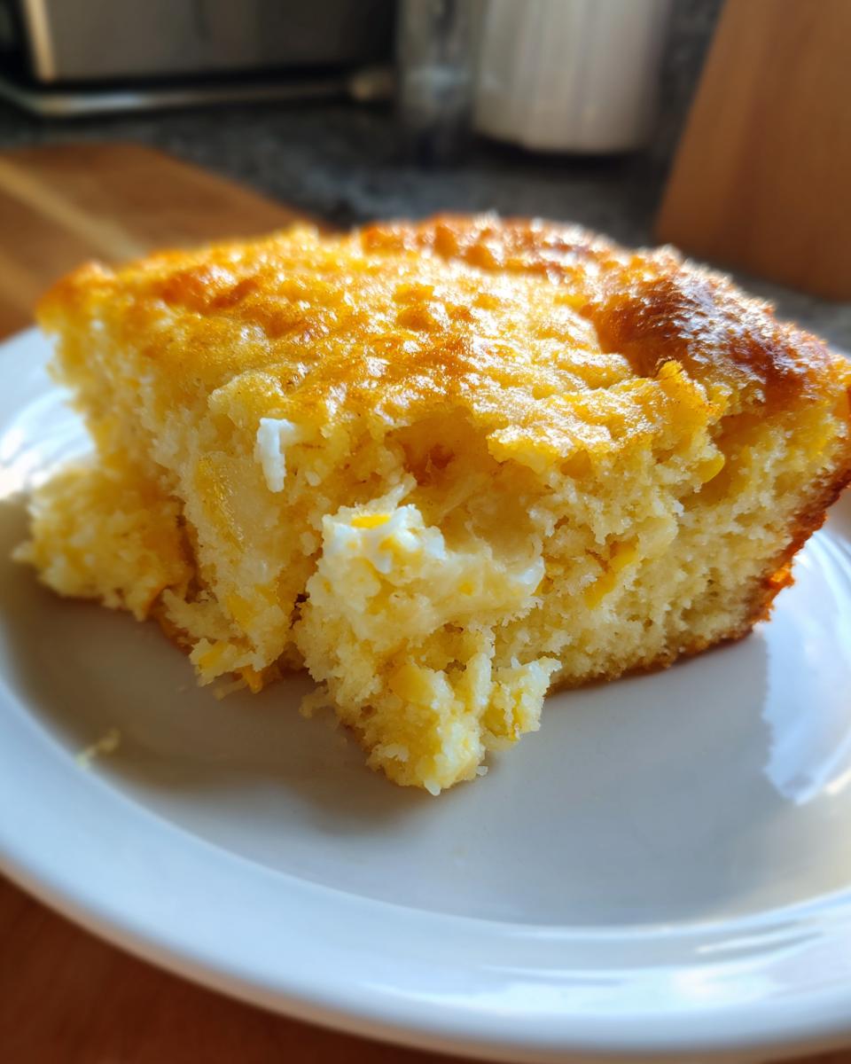 A close-up of a moist, golden slice of corn pudding custard on a white plate.