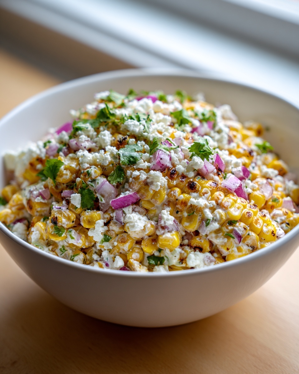 A white bowl filled with vibrant corn salad, featuring charred corn kernels, crumbled white cheese, and diced red onion.