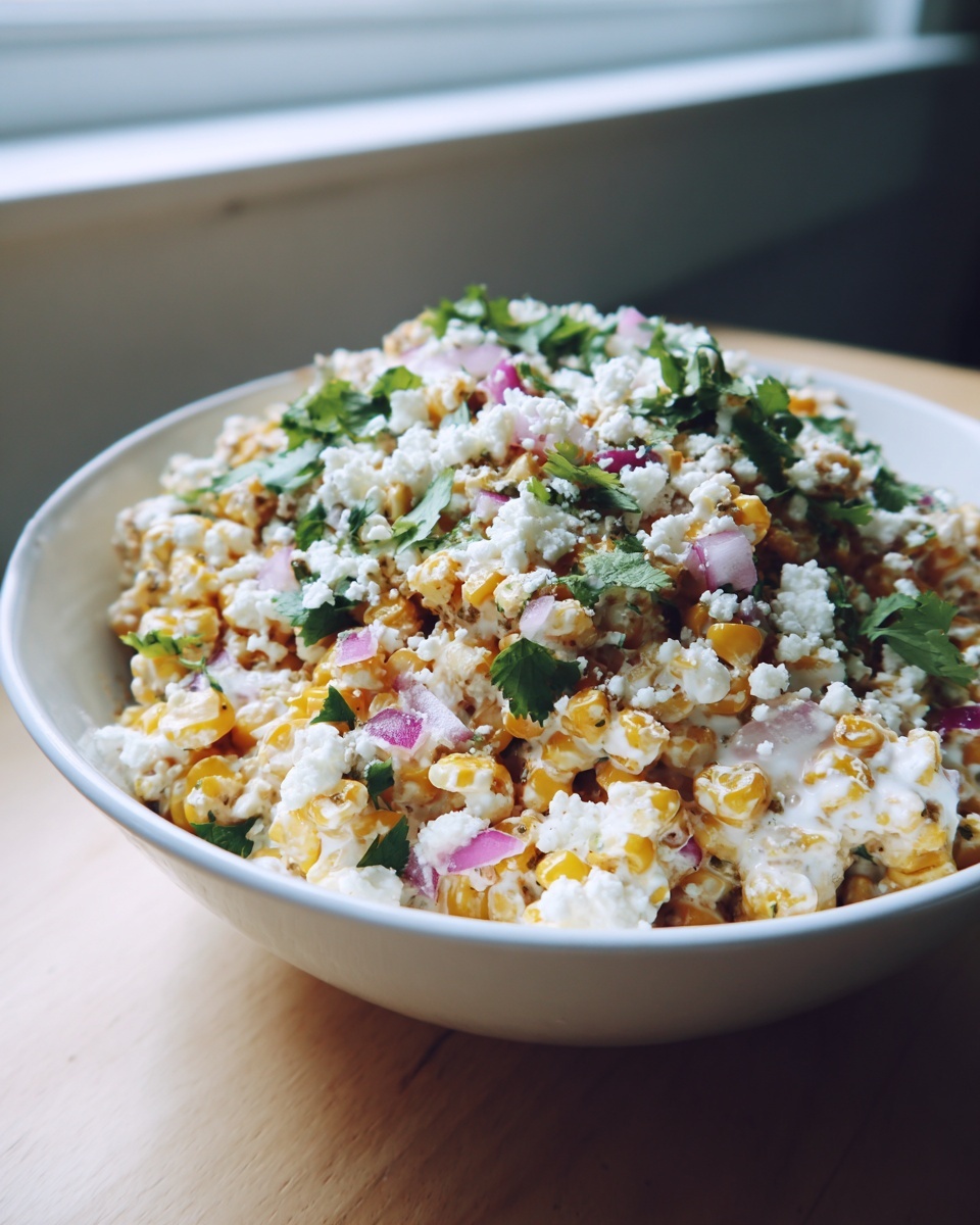Close-up of a creamy corn salad topped with crumbled white cheese, diced red onion, and fresh cilantro.