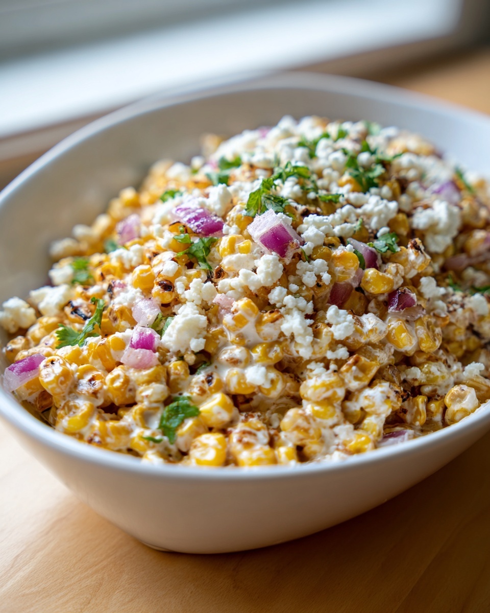 A white bowl filled with creamy, charred corn salad topped with cotija cheese, red onion, and cilantro.