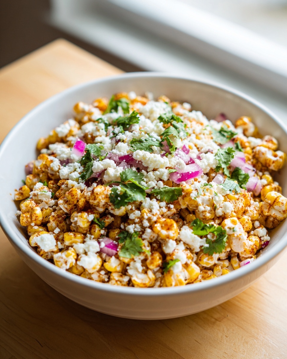 Close-up of a white bowl filled with seasoned corn salad topped with cotija cheese, red onion, and cilantro.