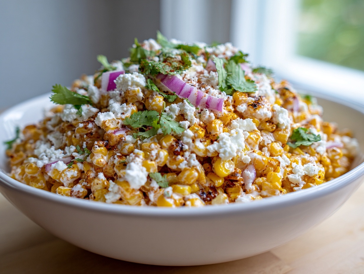 Close-up of a vibrant corn salad topped with crumbled white cheese, red onion, and cilantro.