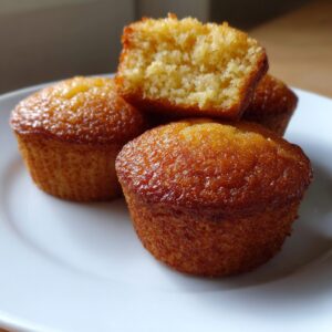 Close-up of four golden brown cornbread muffins, one split open showing the crumb texture.