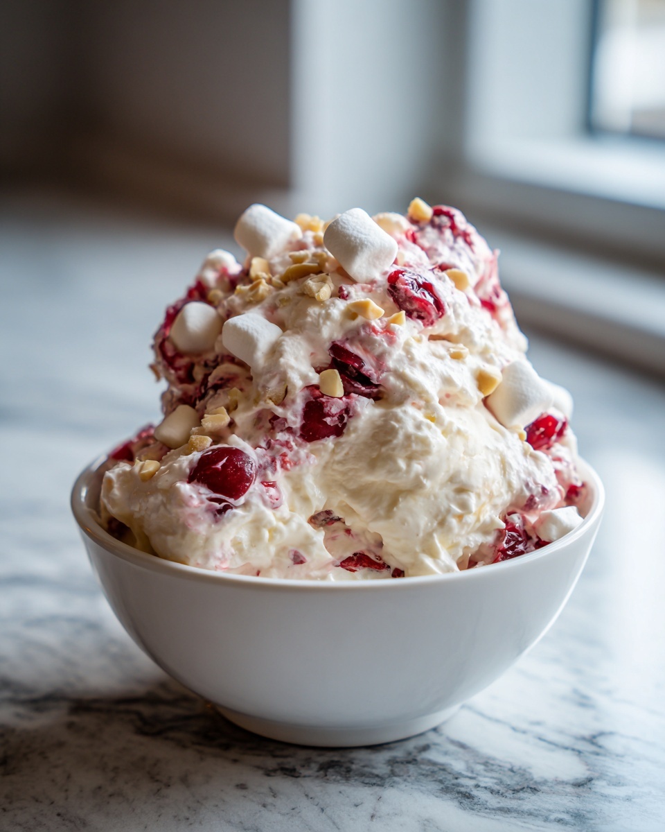 A generous serving of creamy cranberry salad mixed with cranberries, topped with mini marshmallows and chopped nuts.