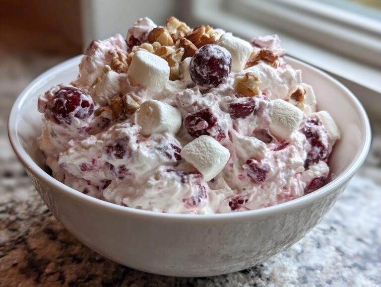 A close-up of a fluffy, pink cranberry salad topped with marshmallows and walnuts in a white bowl.