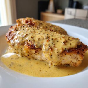 Close-up of a perfectly seared chicken breast smothered in a creamy, speckled dijon chicken sauce on a white plate.