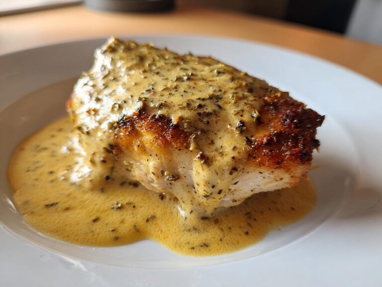 A perfectly cooked piece of dijon chicken breast smothered in a creamy, herb-flecked sauce on a white plate.