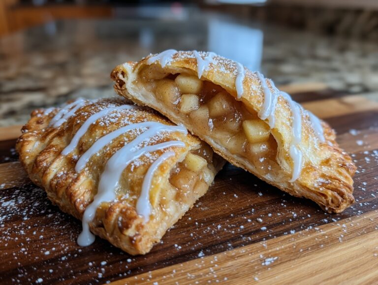 Two golden brown fried apple pies, one cut open to show apple filling, drizzled with white icing.
