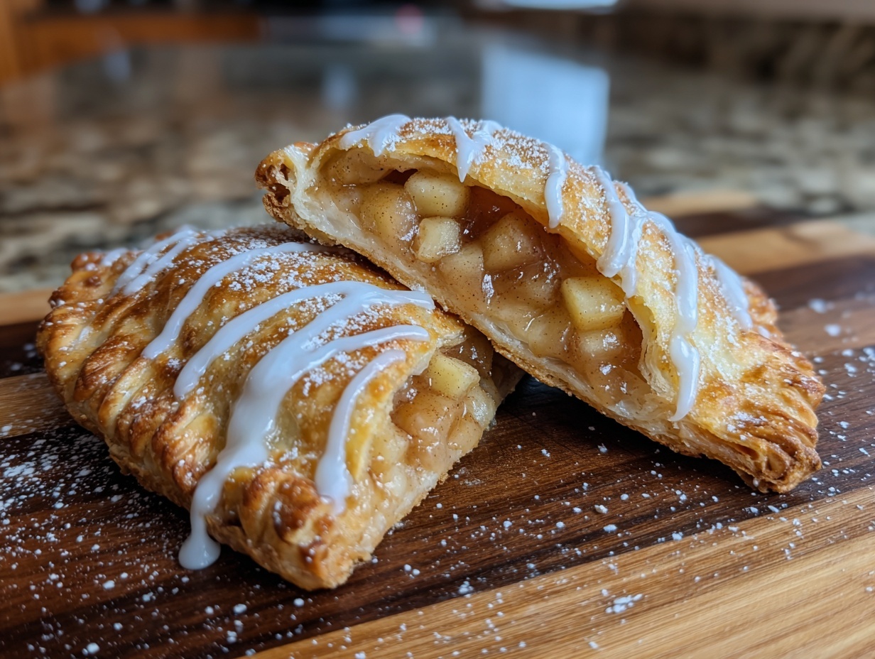 Two golden brown fried apple pies, one cut open to show apple filling, drizzled with white icing.