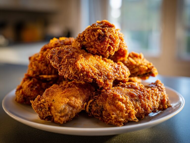 A close-up, appetizing shot of a pile of golden brown, crispy fried chicken wings served on a white plate.
