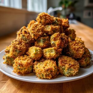 A large mound of golden brown, crispy fried okra pieces piled high on a white plate.