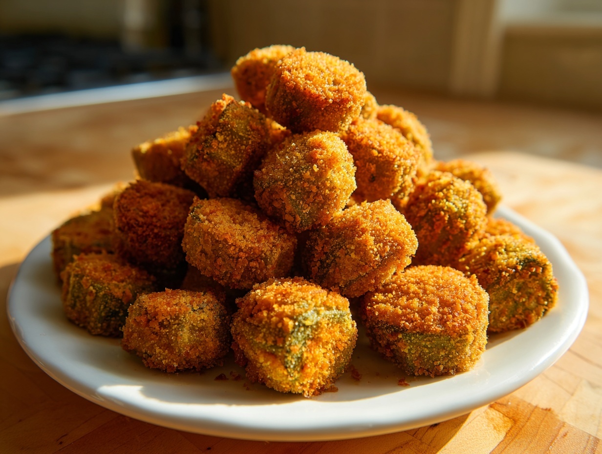 A mound of golden brown, crispy fried okra pieces piled high on a white plate.