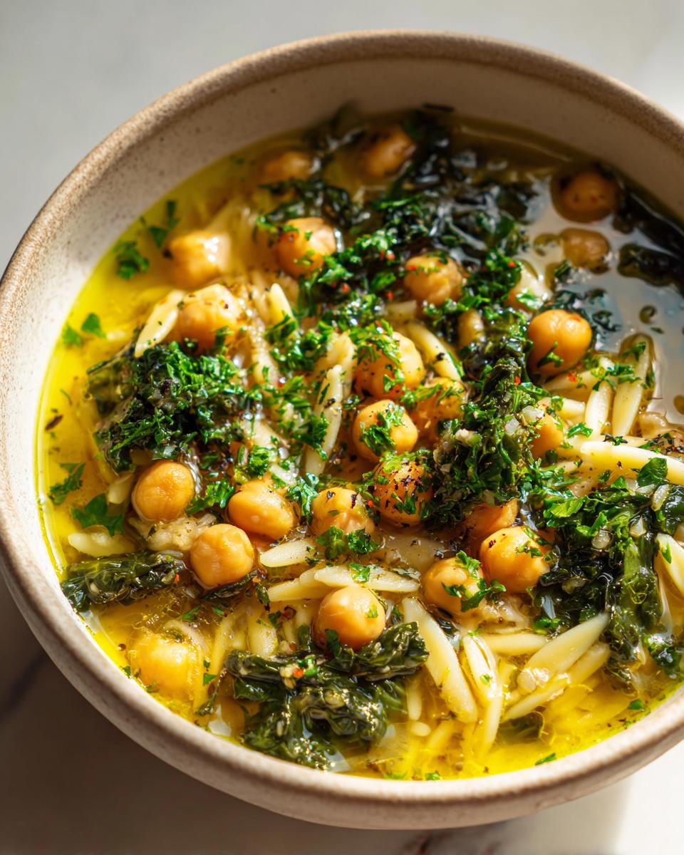 A close-up bowl of amazing greek chickpea soup featuring chickpeas, orzo pasta, dark greens, and a bright parsley garnish.