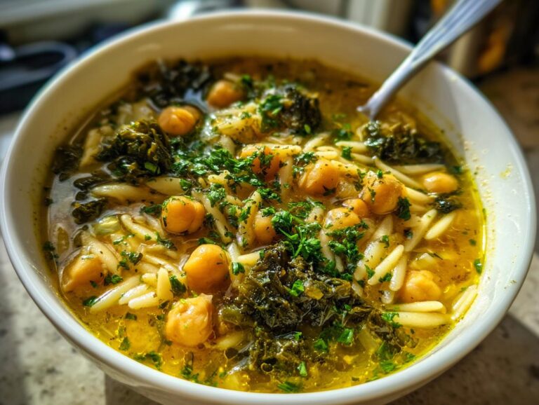 A close-up view of a white bowl filled with amazing greek chickpea soup, featuring chickpeas, orzo pasta, and dark greens.