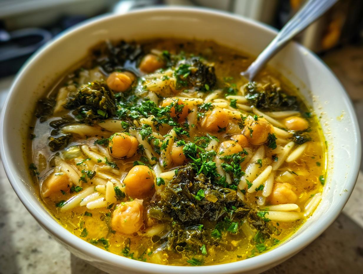 A close-up view of a white bowl filled with amazing greek chickpea soup, featuring chickpeas, orzo pasta, and dark greens.