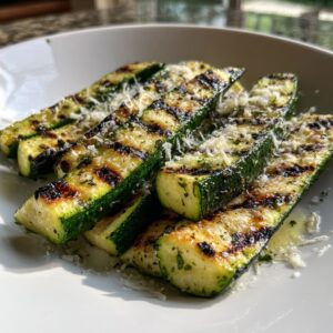 Close-up of perfectly grilled zucchini slices topped with grated Parmesan cheese and herbs.