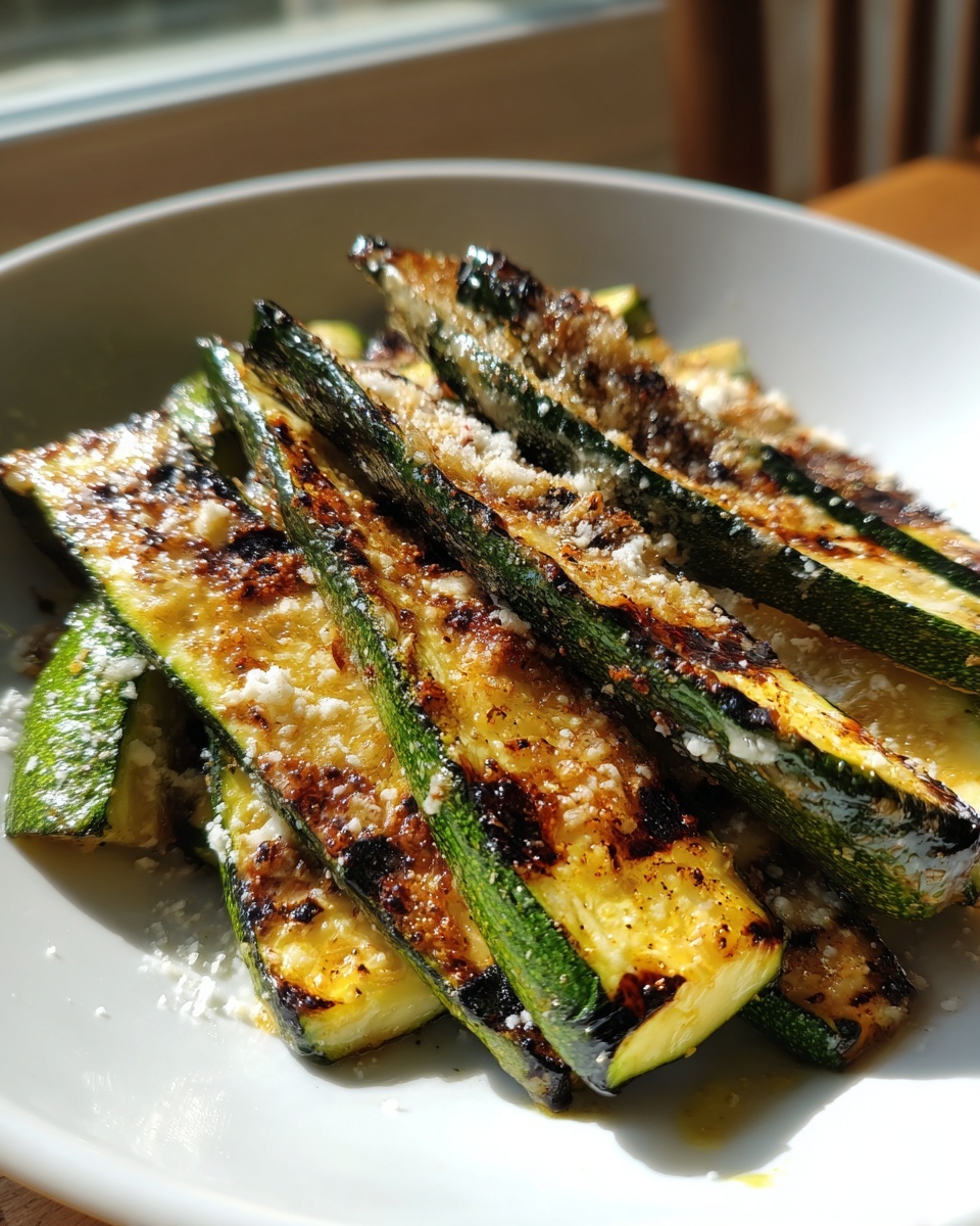 Close-up of perfectly grilled zucchini slices topped with grated Parmesan cheese.