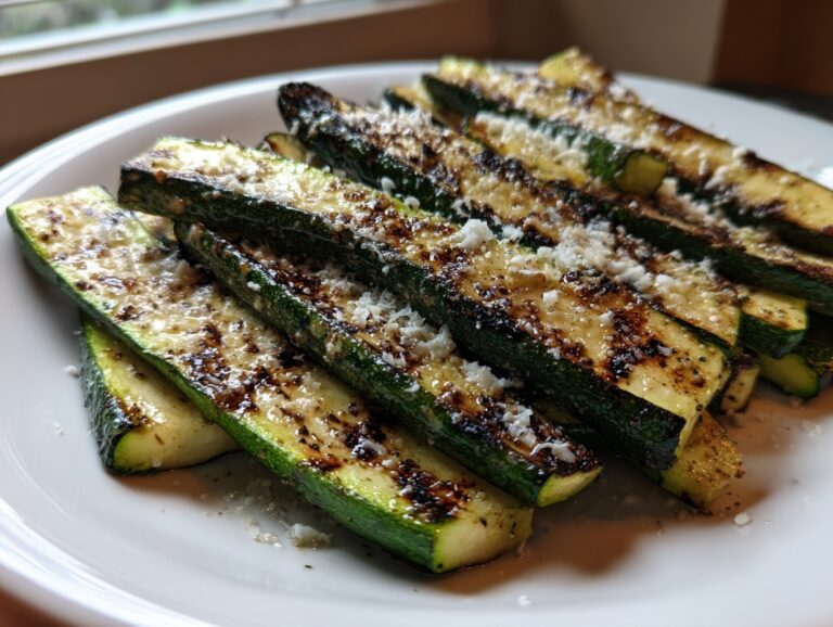 Close-up of perfectly grilled zucchini slices topped with grated Parmesan cheese.