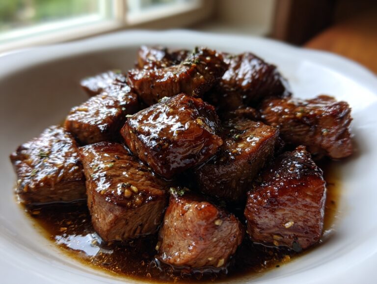 Close-up of juicy, cubed hibachi steak coated in a rich, dark glaze, served in a white bowl.