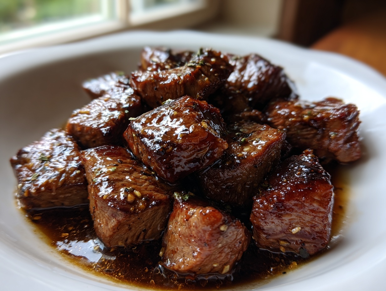 Close-up of juicy, cubed hibachi steak coated in a rich, dark glaze, served in a white bowl.