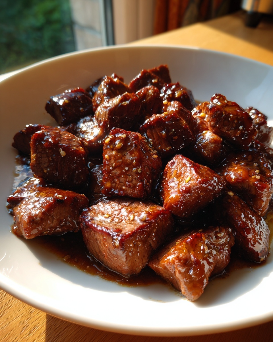 Close-up of bite-sized pieces of amazing hibachi steak coated in a thick, glossy brown sauce and sprinkled with sesame seeds.