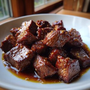 Close-up of juicy, cubed hibachi steak pieces coated in a glossy, savory sauce.