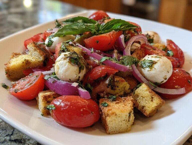 A vibrant panzanella salad featuring cherry tomatoes, mozzarella balls, red onion, and croutons tossed in dressing.