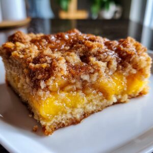 A moist, square slice of amazing peach cobbler with a gooey, caramelized topping and bright yellow peach filling.
