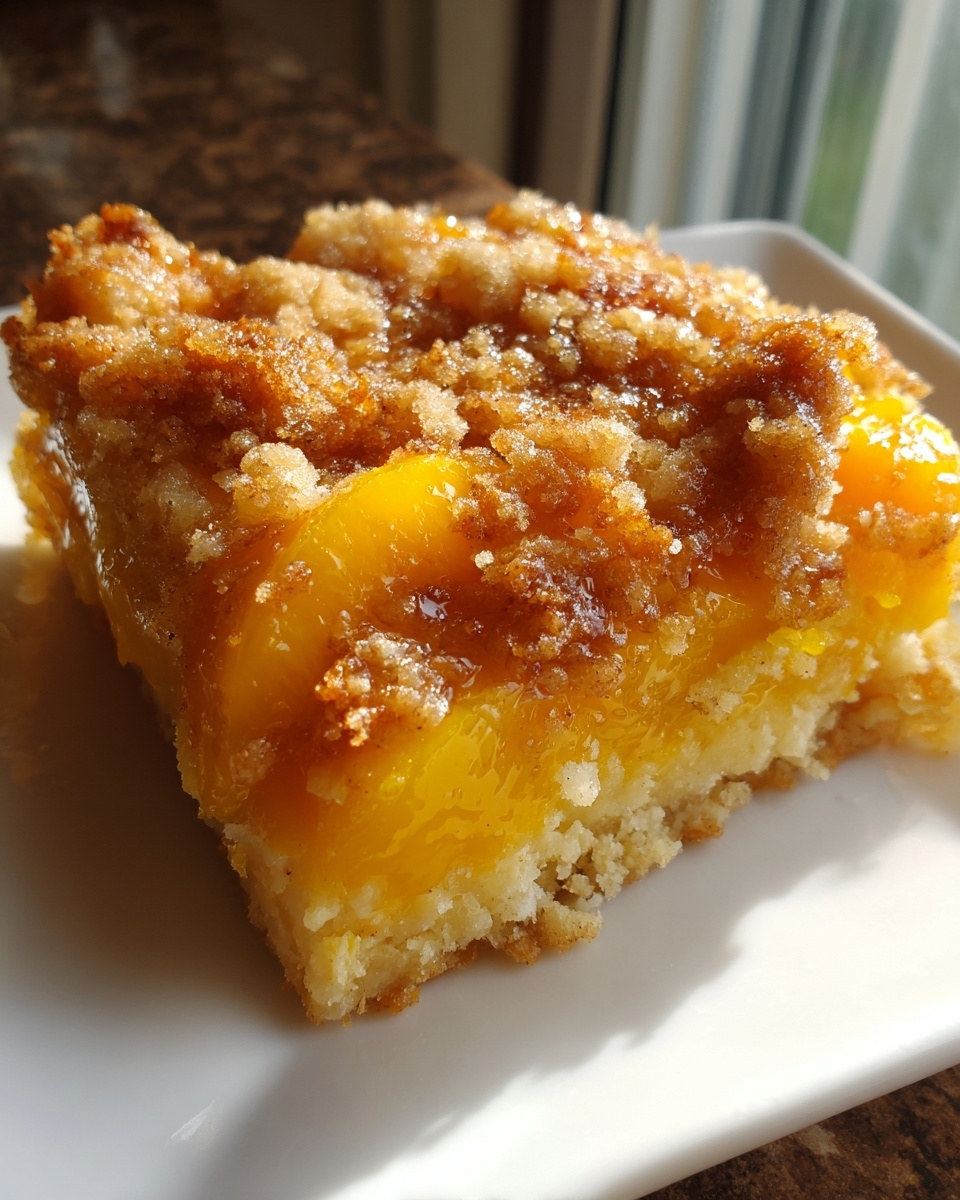 A close-up of a square slice of amazing peach cobbler with a crumbly, sugary topping and bright yellow peaches.