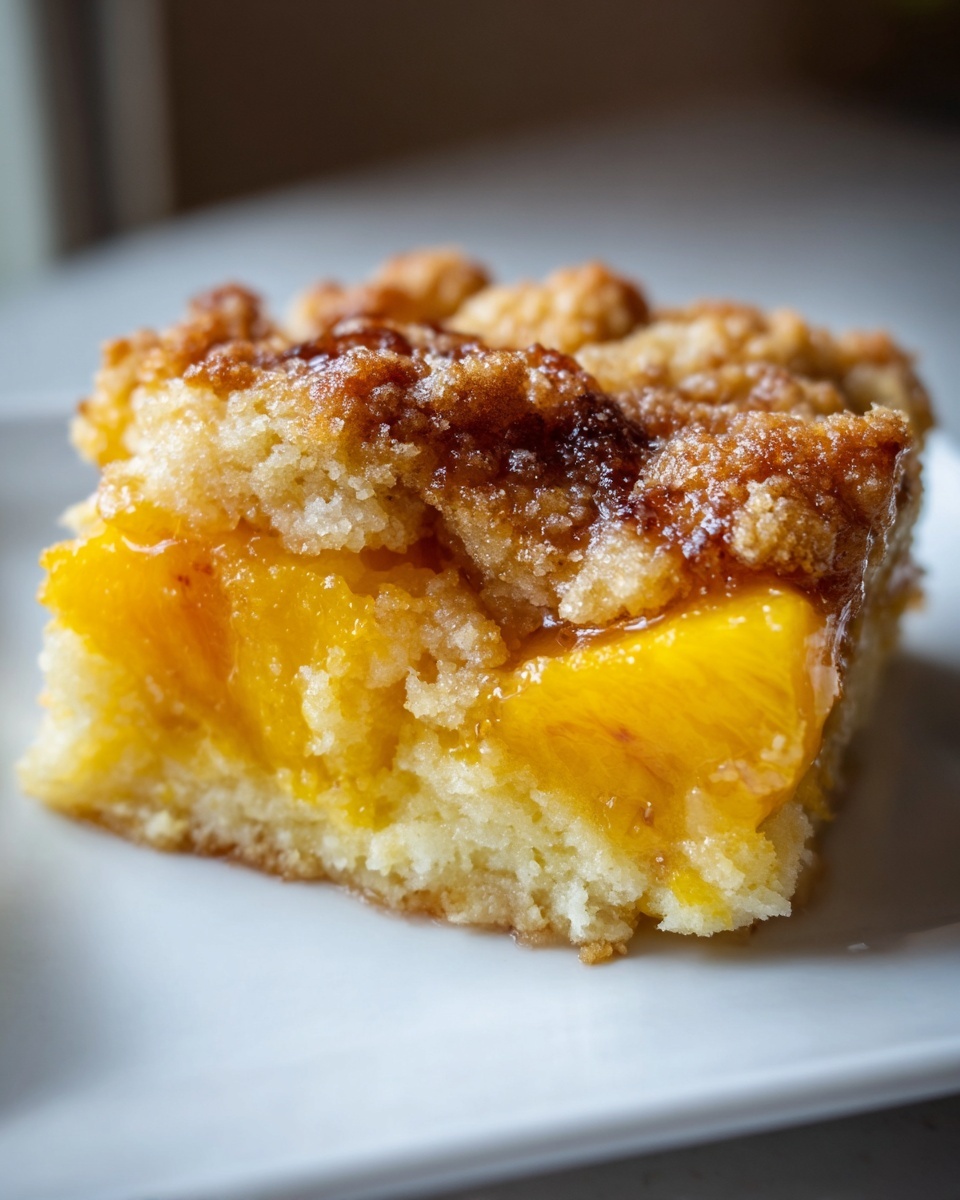 A close-up shot of a square slice of amazing peach cobbler with a crumb topping.