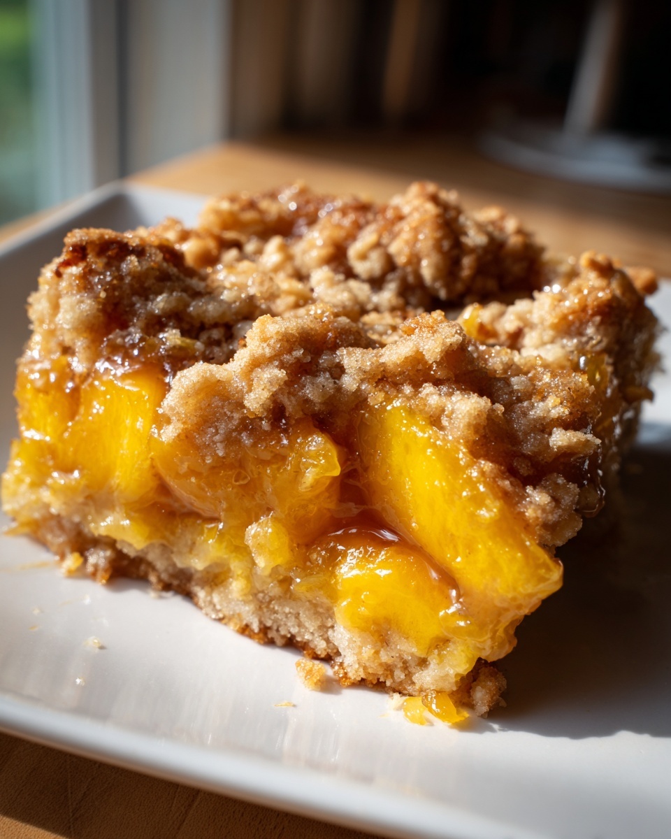 A close-up of a square slice of amazing peach cobbler with a thick, gooey peach filling and crumb topping.