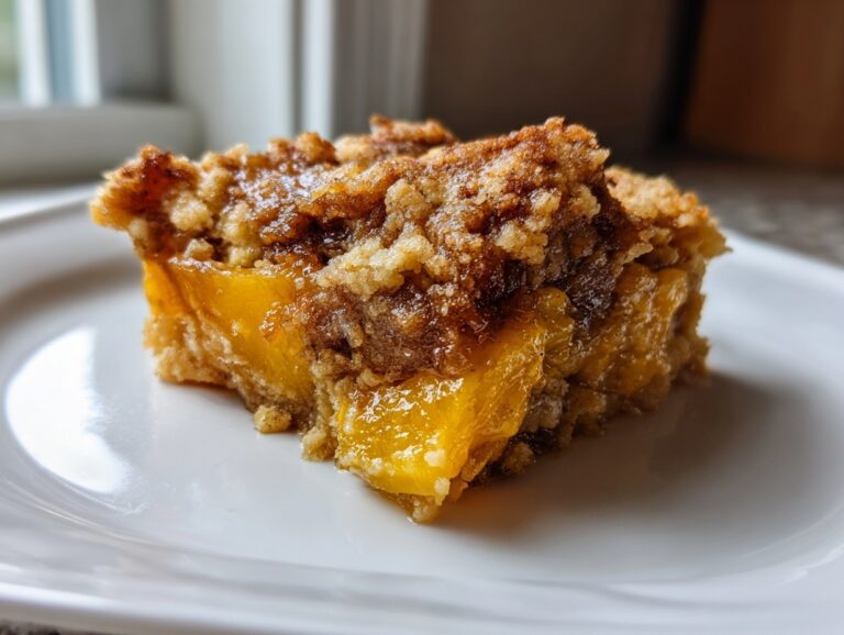 A close-up shot of a square slice of amazing peach cobbler with a crumbly, brown sugar topping.