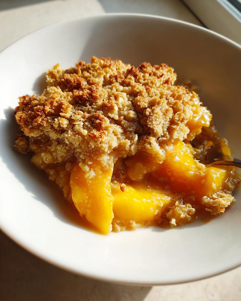 Close-up of a warm serving of peach crisp showing bright orange peach slices under a golden, crumbly oat topping.