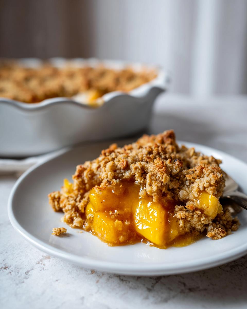 A serving of amazing peach crisp featuring juicy, cooked peaches under a thick, golden brown oat crumble topping.
