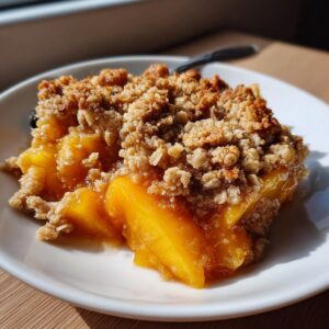 A close-up of a serving of warm peach crisp on a white plate, showing juicy peaches and a thick oat crumble topping.